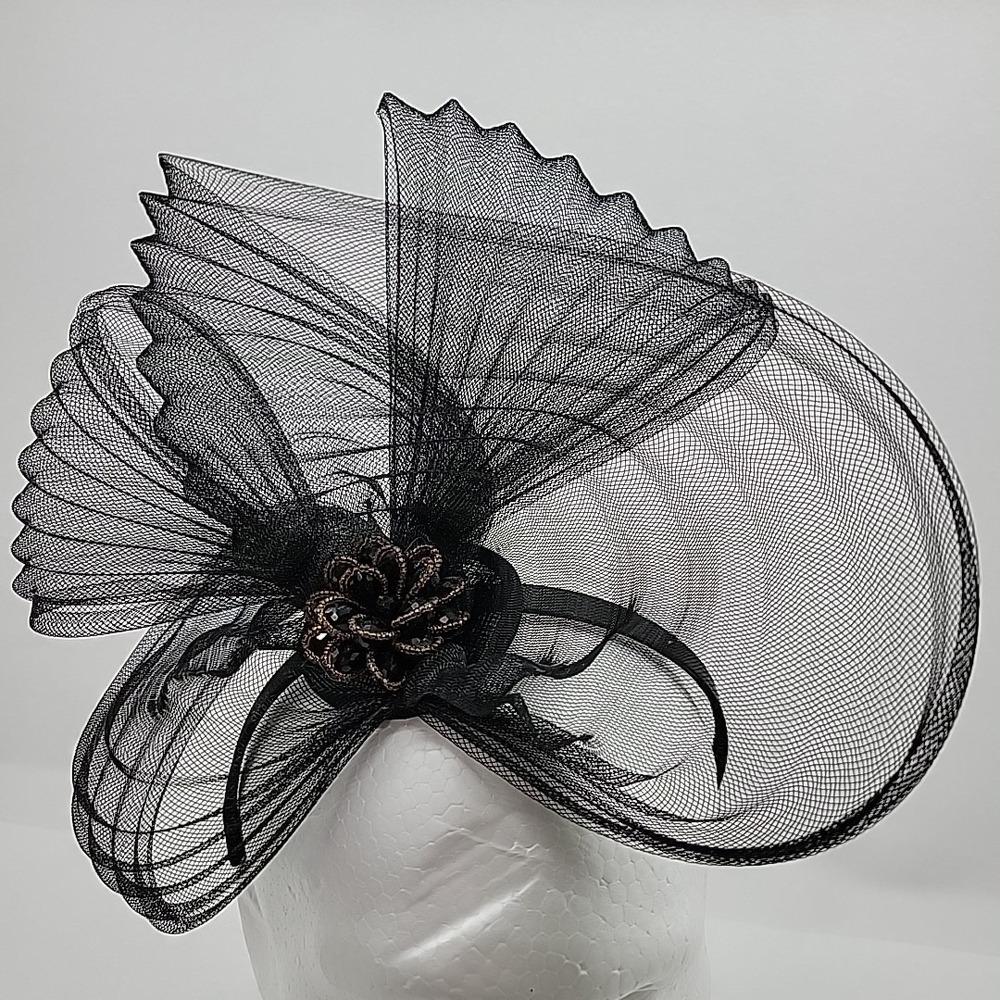 Vintage Something Special Fascinator Pleated Mesh HEADBAND Hat Bow Beaded‎ Black